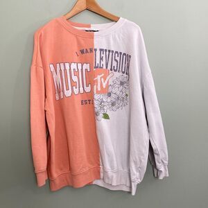MTV Sweatshirt Pullover Oversized Colorblock Womens Small Coral Retro Style
